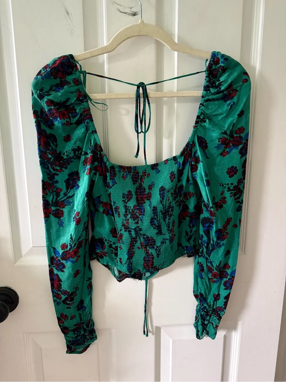 Free People Teal Floral Lace-Up Puff Sleeve Blouse